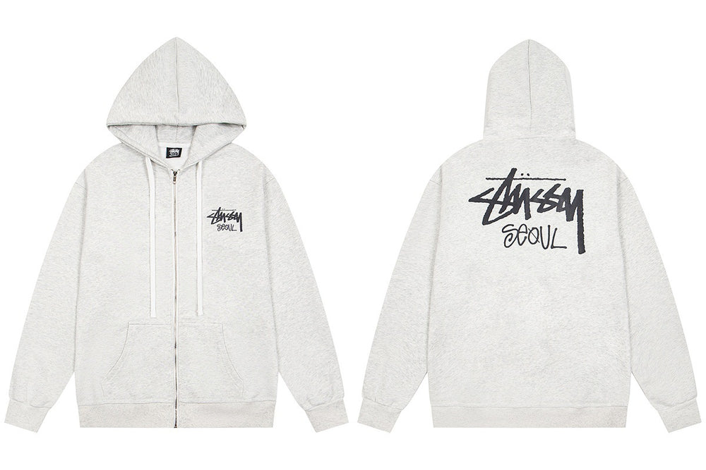 Stussy Seoul Graffiti Back Print Full Zip Hoodie White Heather