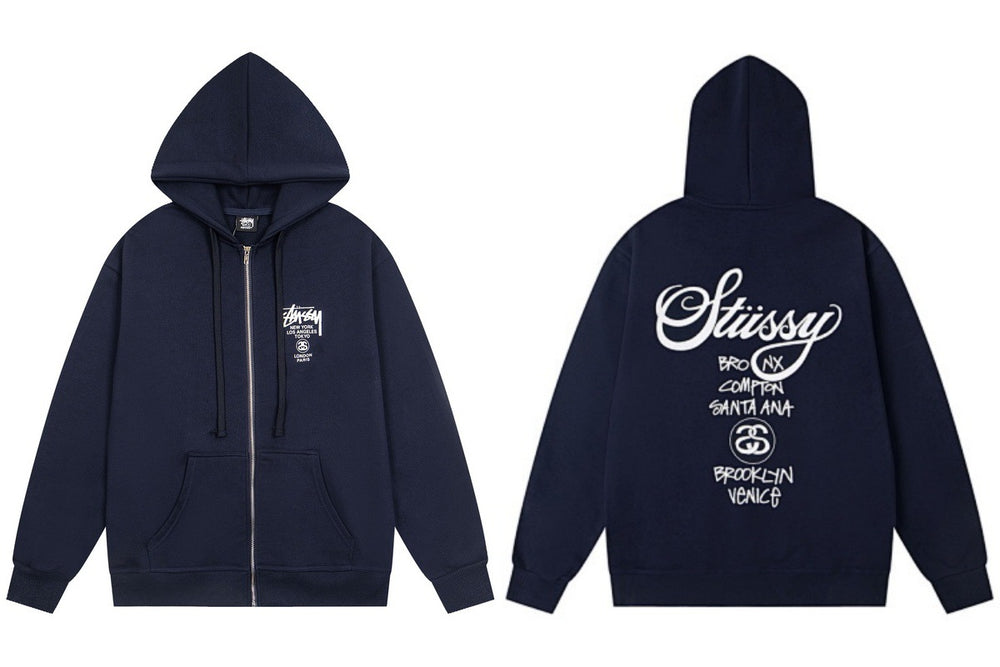 Stussy World Tour Back Print Full Zip Hoodie Navy