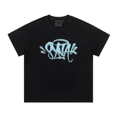 Syna World Vintage Oversized Graffiti Tag Graphic Tee (Black / Light Blue)