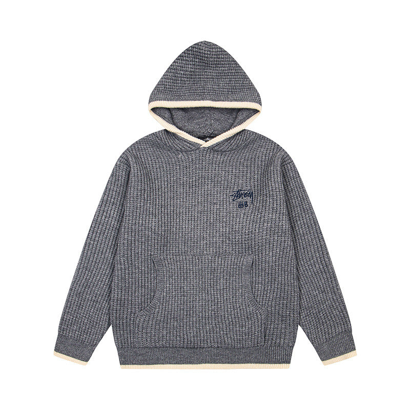 Stussy Logo Ribbed Knit Pullover Hoodie Heather Grey