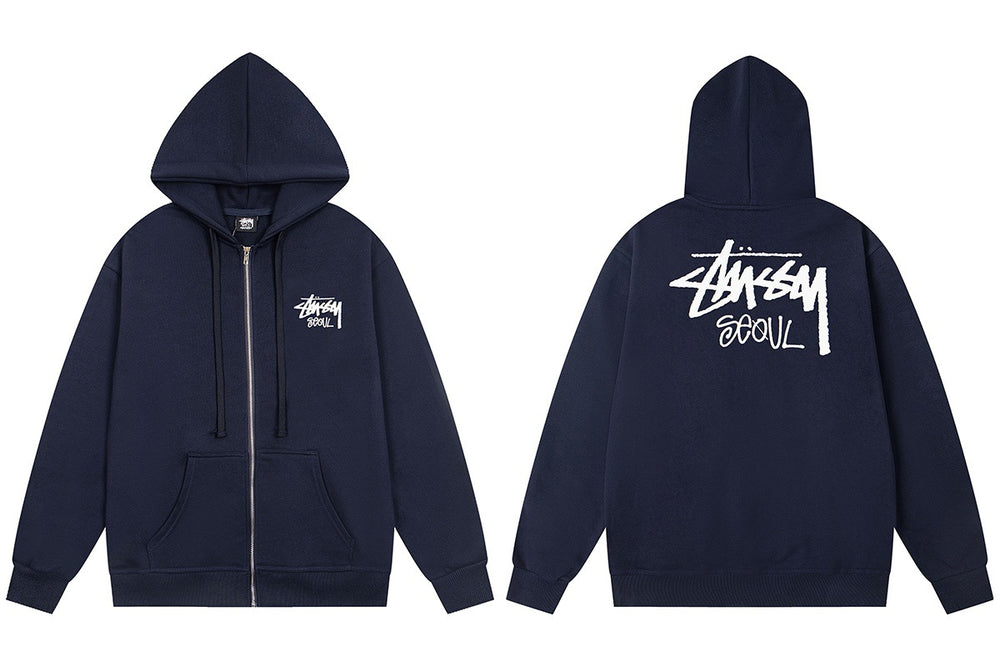 Stussy Seoul Graffiti Back Print Full Zip Hoodie Navy