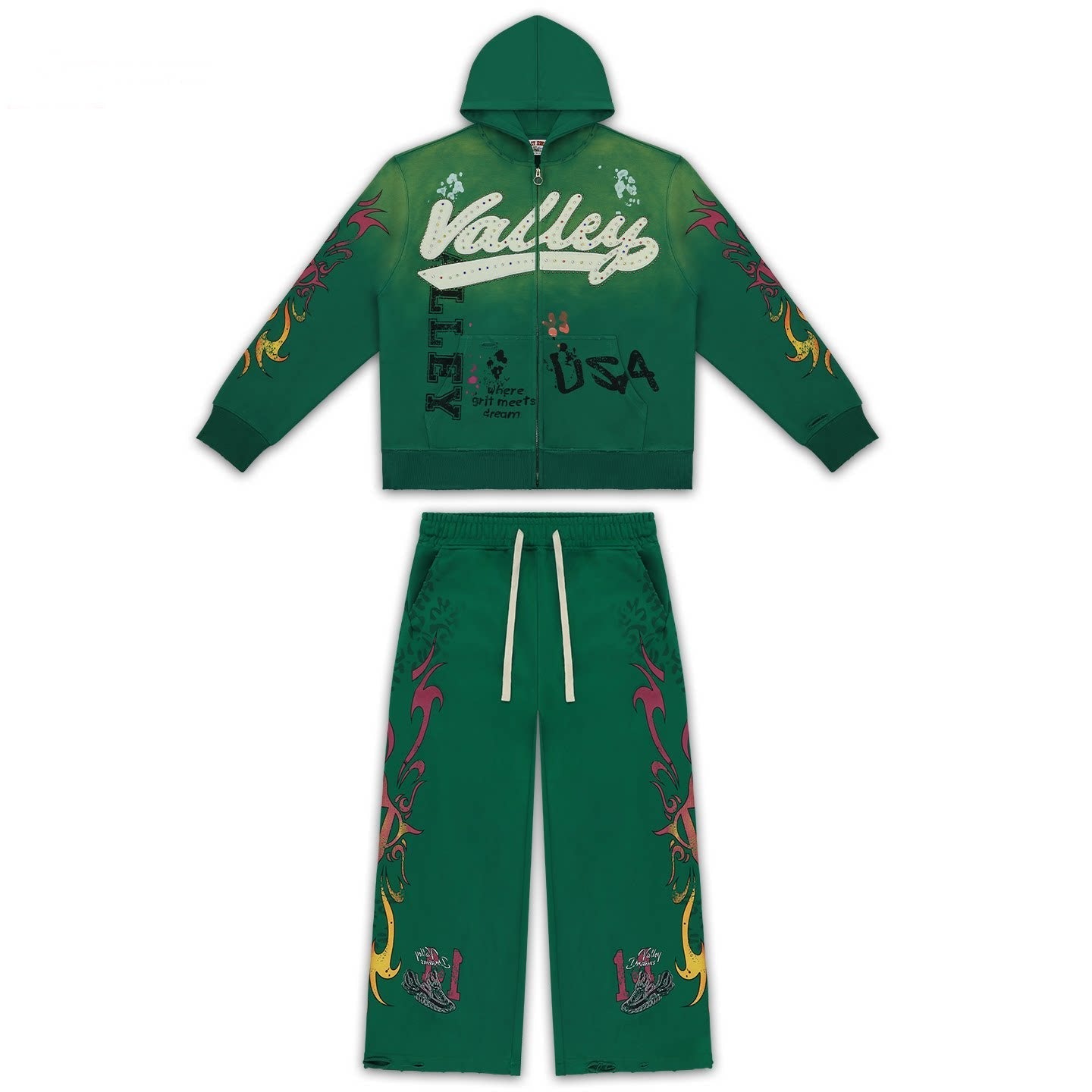Vale Forever Green Tribal Graphic Zip Hoodie And Sweatpants Set
