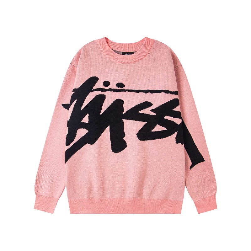 Stussy Big Script Logo Crew Neck Knit Sweater Pink
