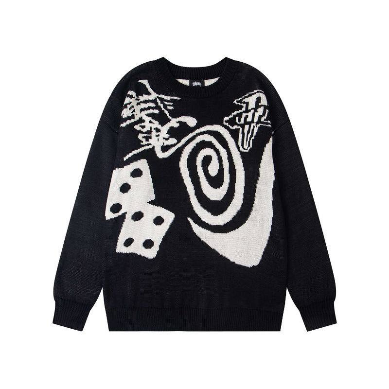 Stussy Dice Spiral Graphic Crew Neck Knit Sweater Black