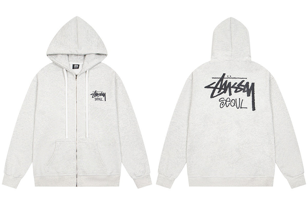 Stussy Seoul Graffiti Back Print Full Zip Hoodie White Heather
