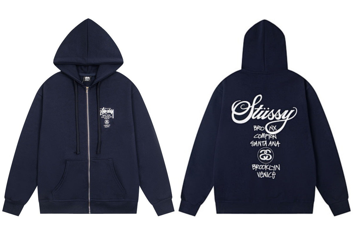 Stussy World Tour Back Print Full Zip Hoodie Navy