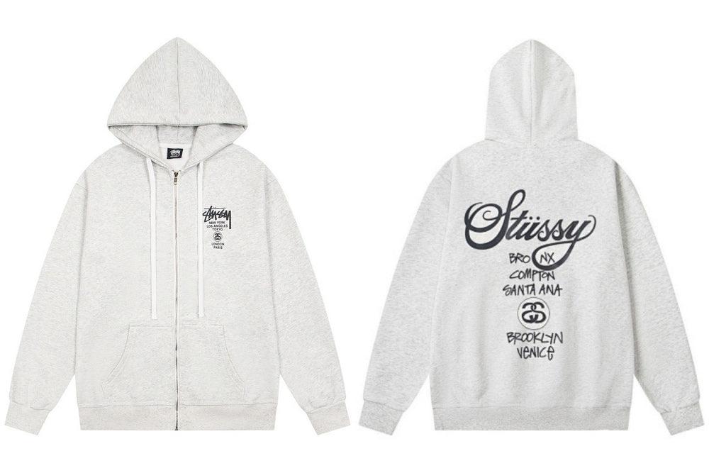 Stussy World Tour Back Print Full Zip Hoodie White