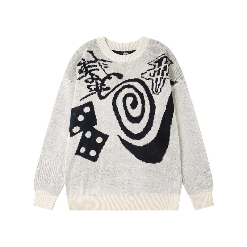 Stussy Dice Spiral Graphic Crew Neck Knit Sweater Off White
