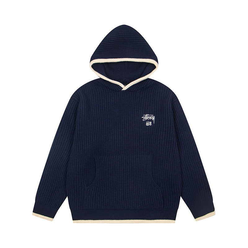Stussy Logo Ribbed Knit Pullover Hoodie Navy