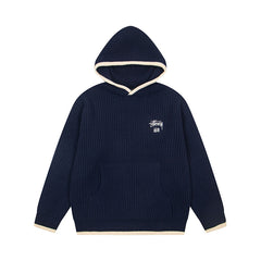 Stussy Logo Ribbed Knit Pullover Hoodie Navy