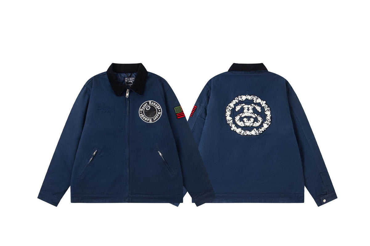 Stussy Circle Logo Cord Collar Zip Work Jacket Navy