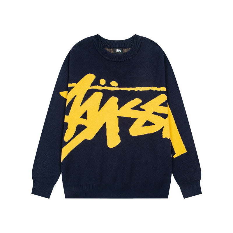 Stussy Big Script Logo Crew Neck Knit Sweater Navy