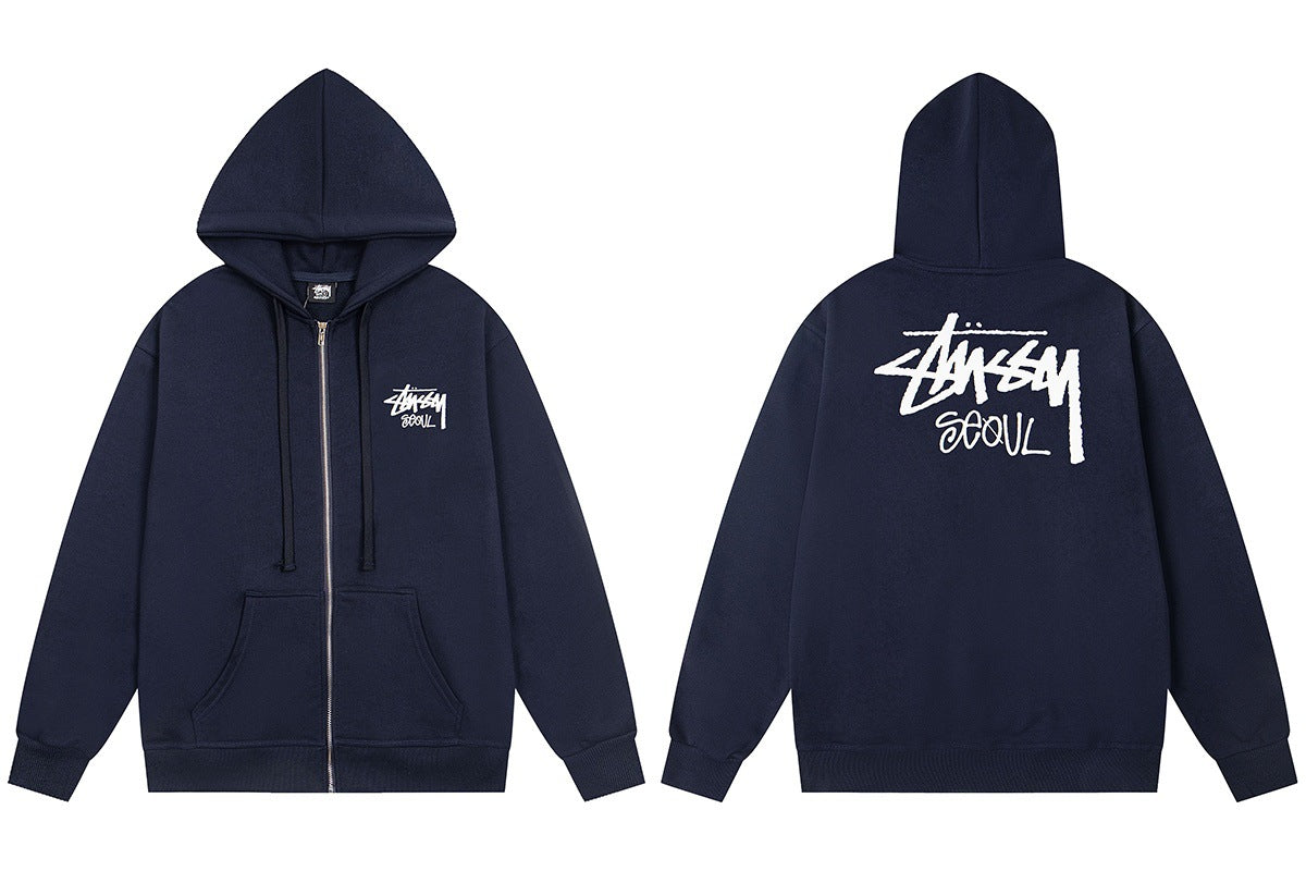 Stussy Seoul Graffiti Back Print Full Zip Hoodie Navy
