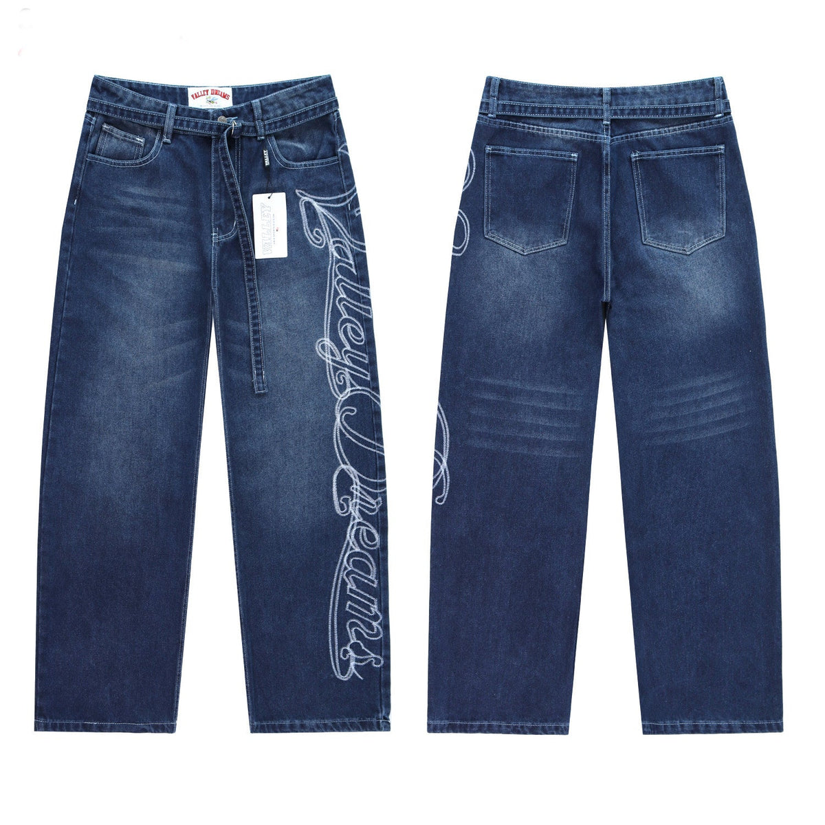 Vale Forever Blue Washed Script Embroidery Wide Leg Jeans
