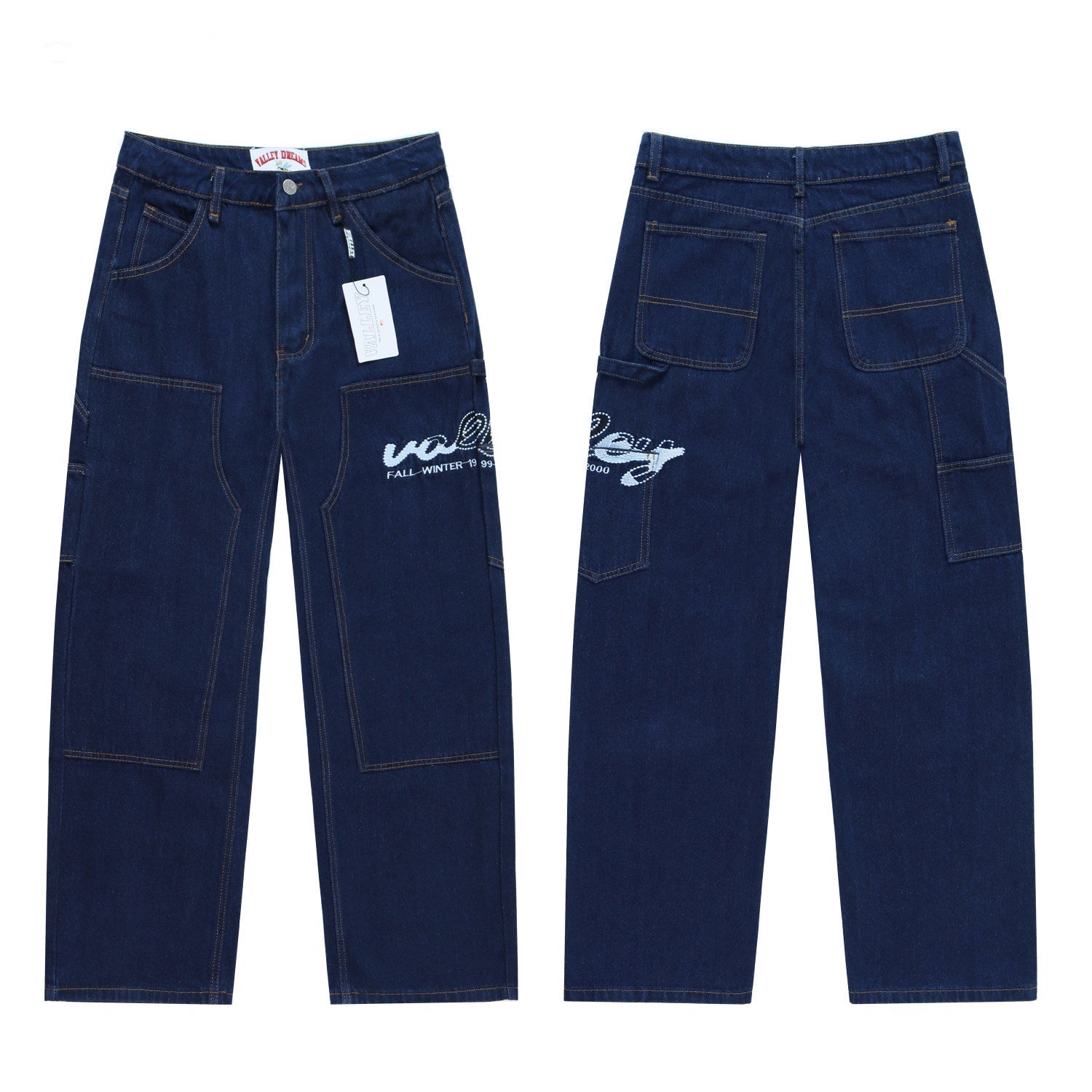 Vale Forever Dark Blue Script Logo Cargo Wide Leg Jeans